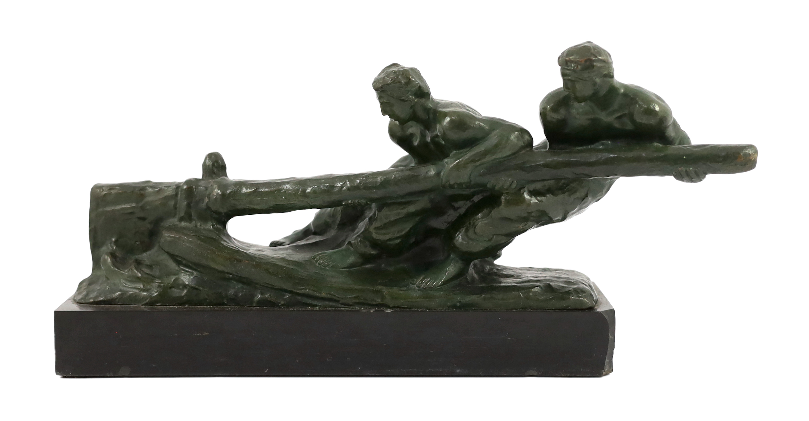 Alexandre Kelety (French/Hungarian, 1874-1940). A French Art Deco bronze group of two tillermen, 47cm long, 17cm deep, 23cm high